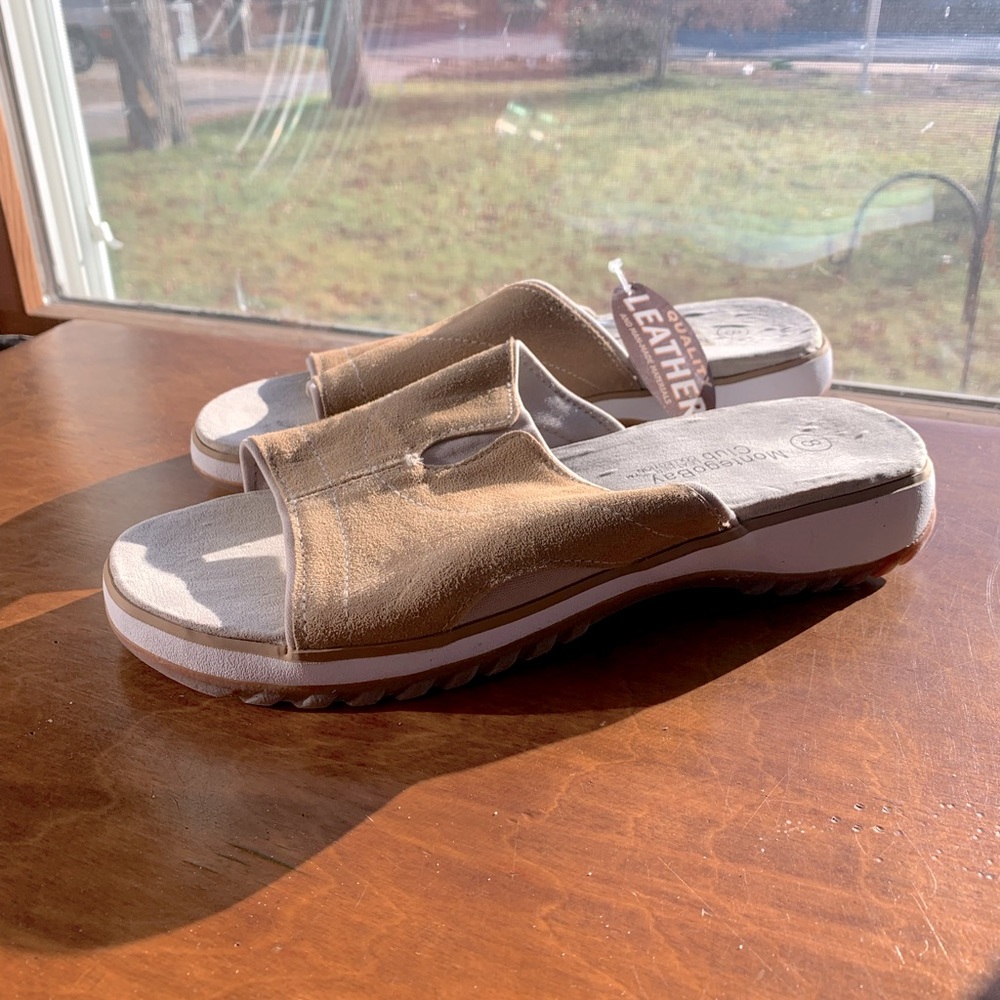 womens montegi bay sandals slip on tan cream casual day trip walking